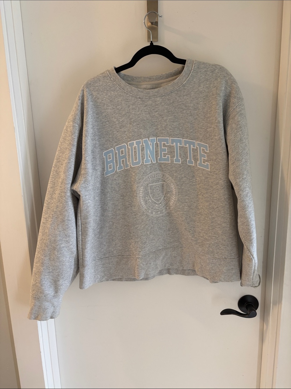 Brunette The Label Heather Gray Crewneck Sweatshirt with Pale Blue Lettering